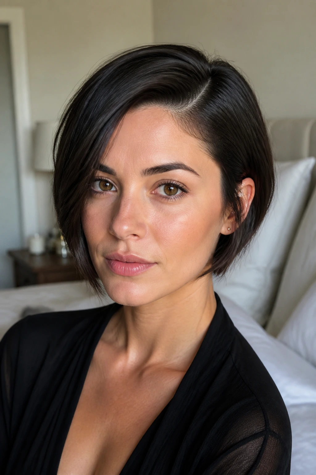 Close-up portrait of a real woman with a micro-bob and a deep side part