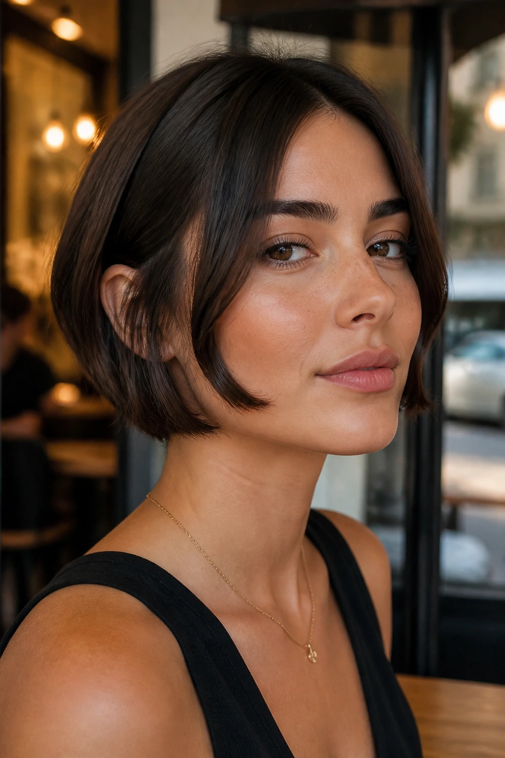 Portrait of a woman with a micro bob and soft face-framing pieces