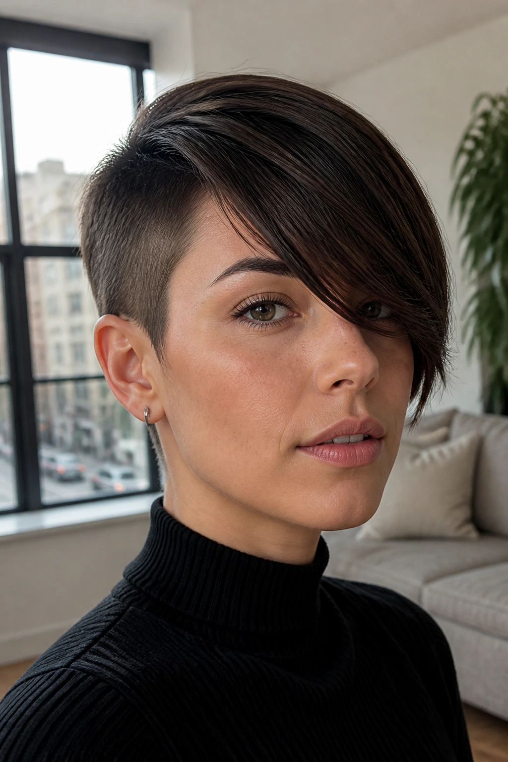 Close-up of a real woman with micro bob and long fringe