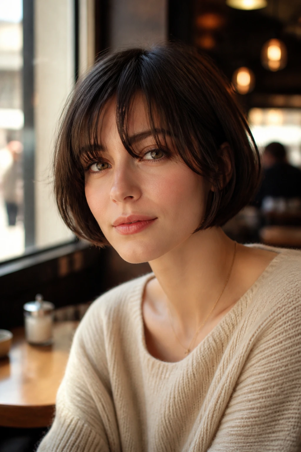 Close-up of a real woman with a soft micro-bob and long fringe shaping the face.