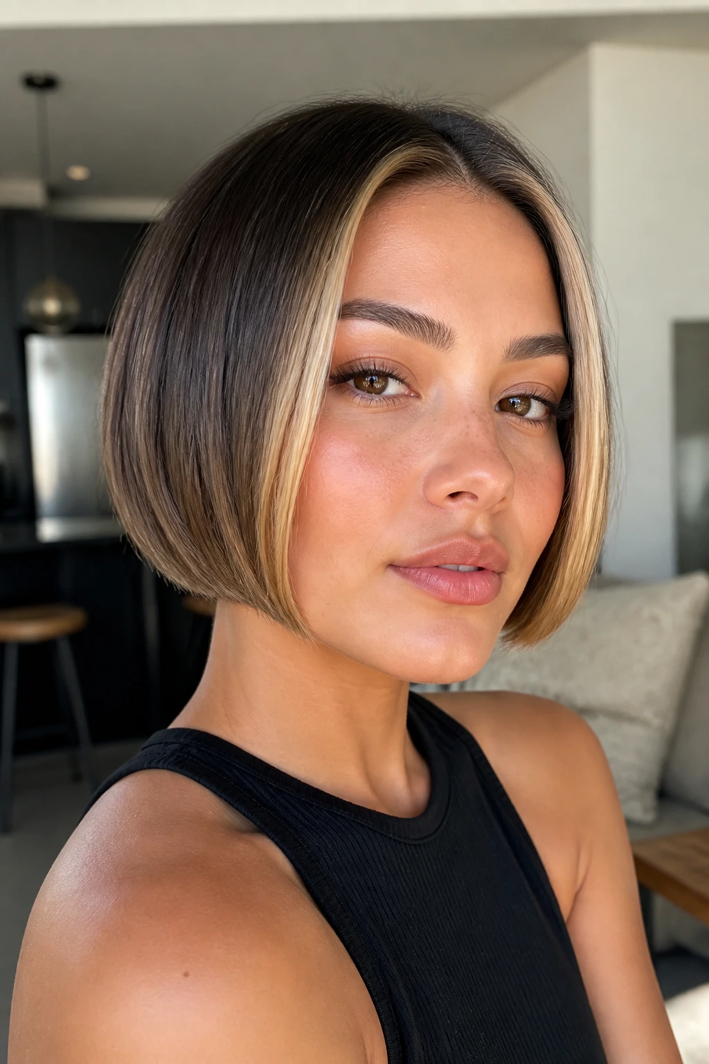 Close-up of a real woman with a micro bob and a thick hairline frame