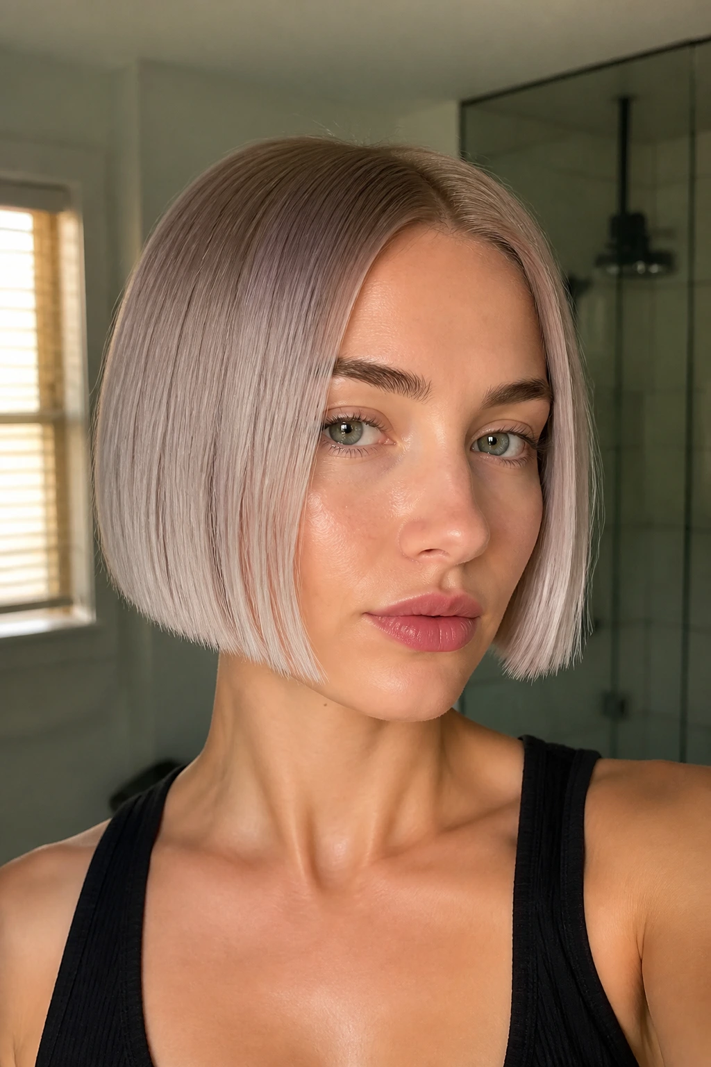 Real person with blunt micro bob and icy ends in a warm lit bathroom.