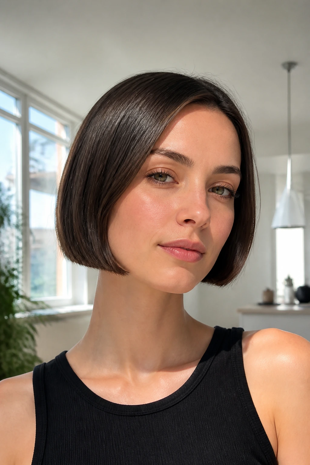Real woman with jaw-length micro bob, crisp blunt ends