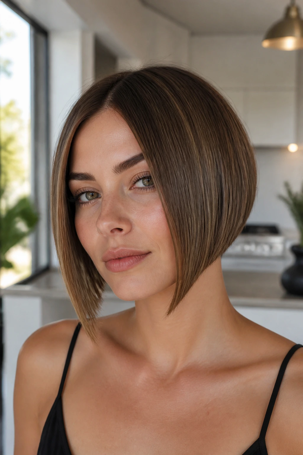 Real woman with micro bob and long front corners.