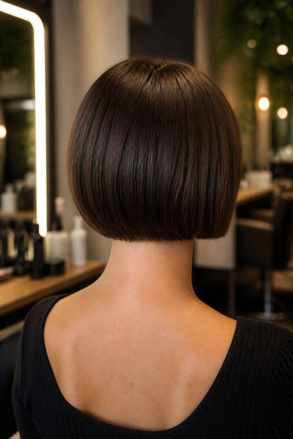Back view of a real woman with a blunt micro bob showing a clean nape line.