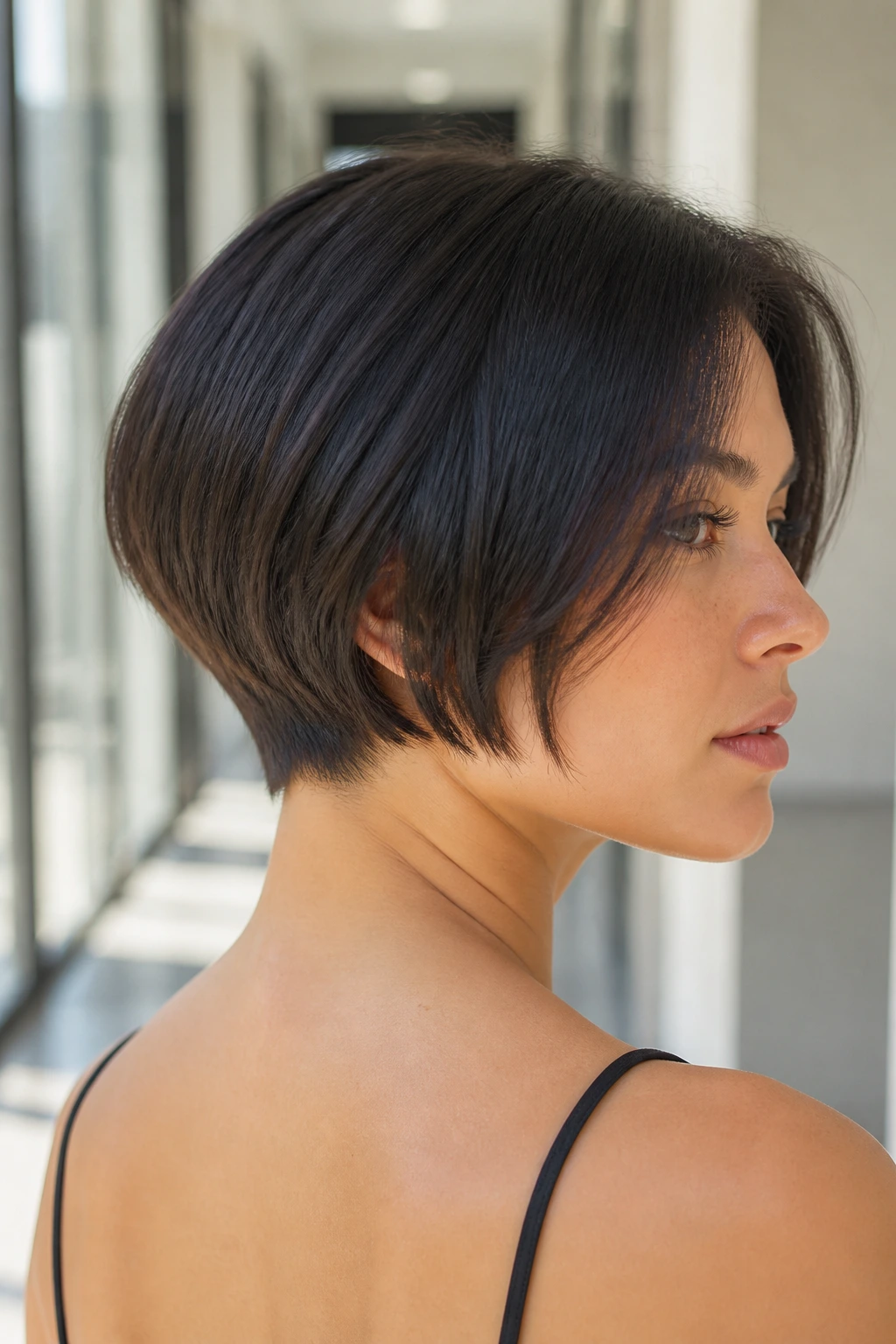 Portrait of a real woman with a micro bob and soft nape