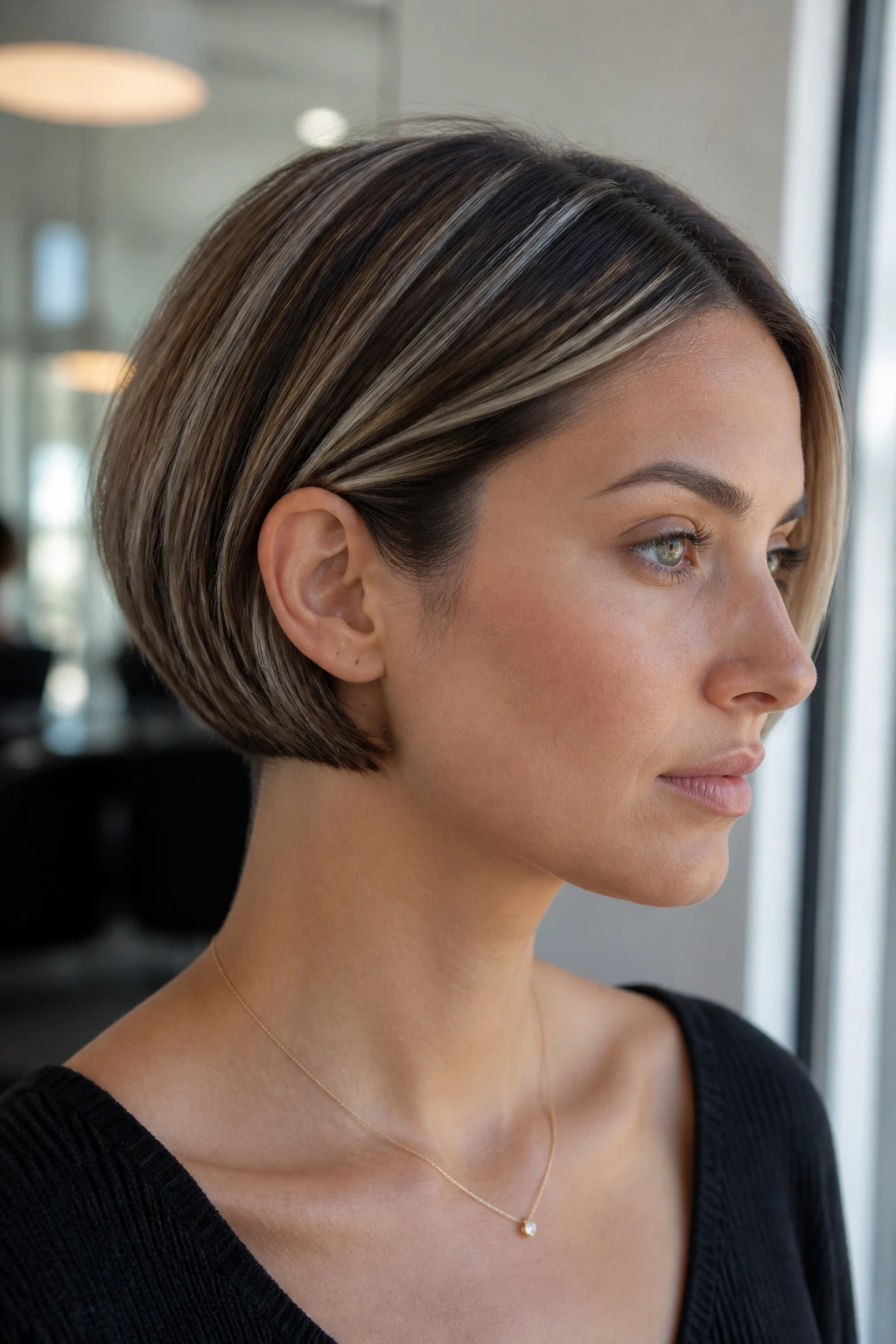 Close-up of a real woman with a micro bob and platinum ribbons, crisp nape and side line.