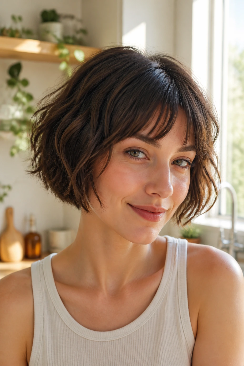 Close-up portrait of real person with micro bob haircut at jawline