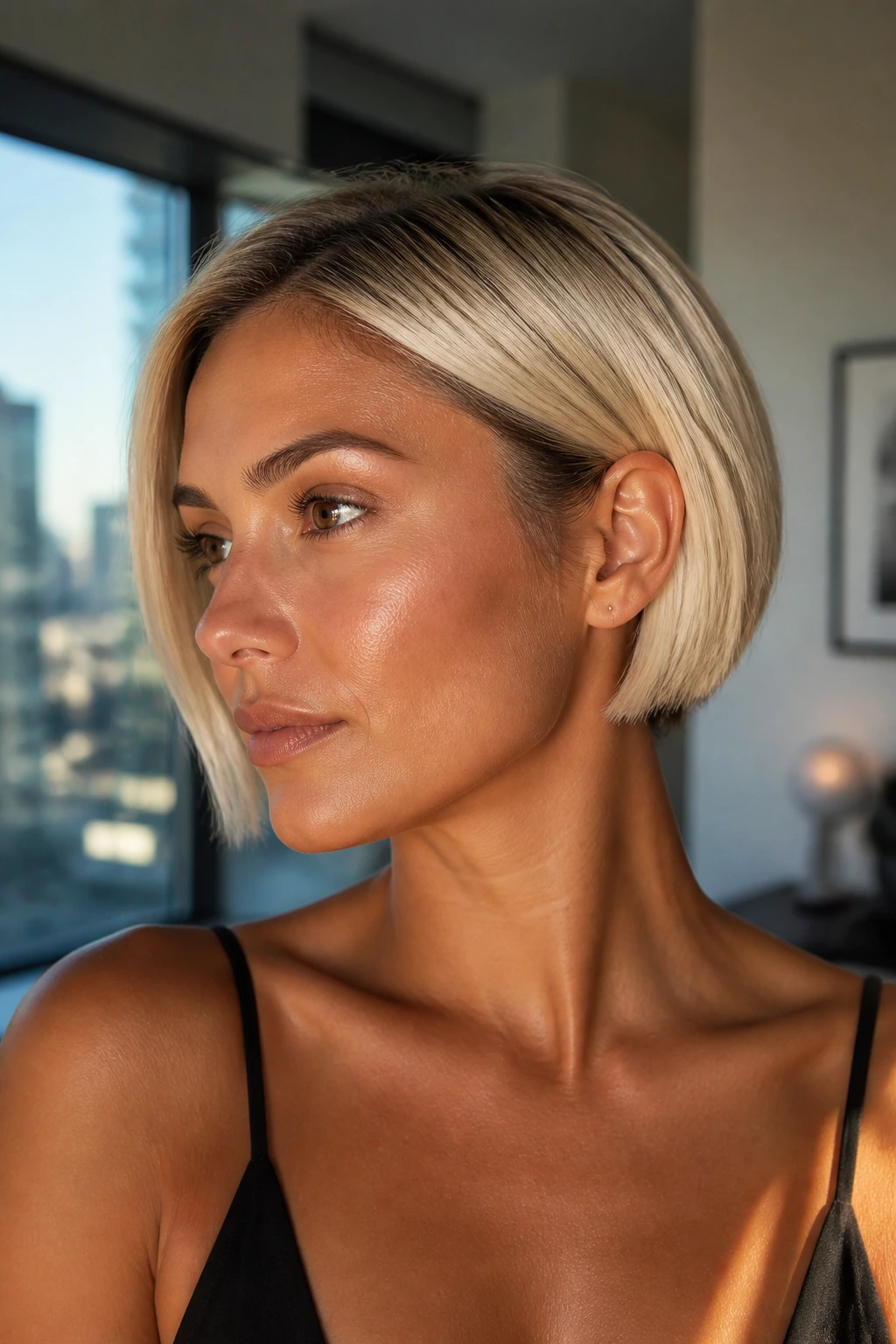Close-up of a micro bob with visible root shadow on tan skin.