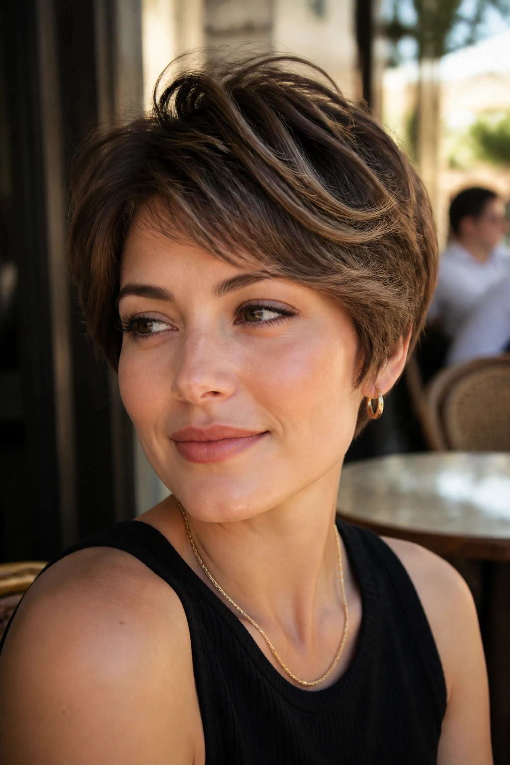 Portrait of a real woman with a bouncy micro bob and sandalwood lowlights outdoors