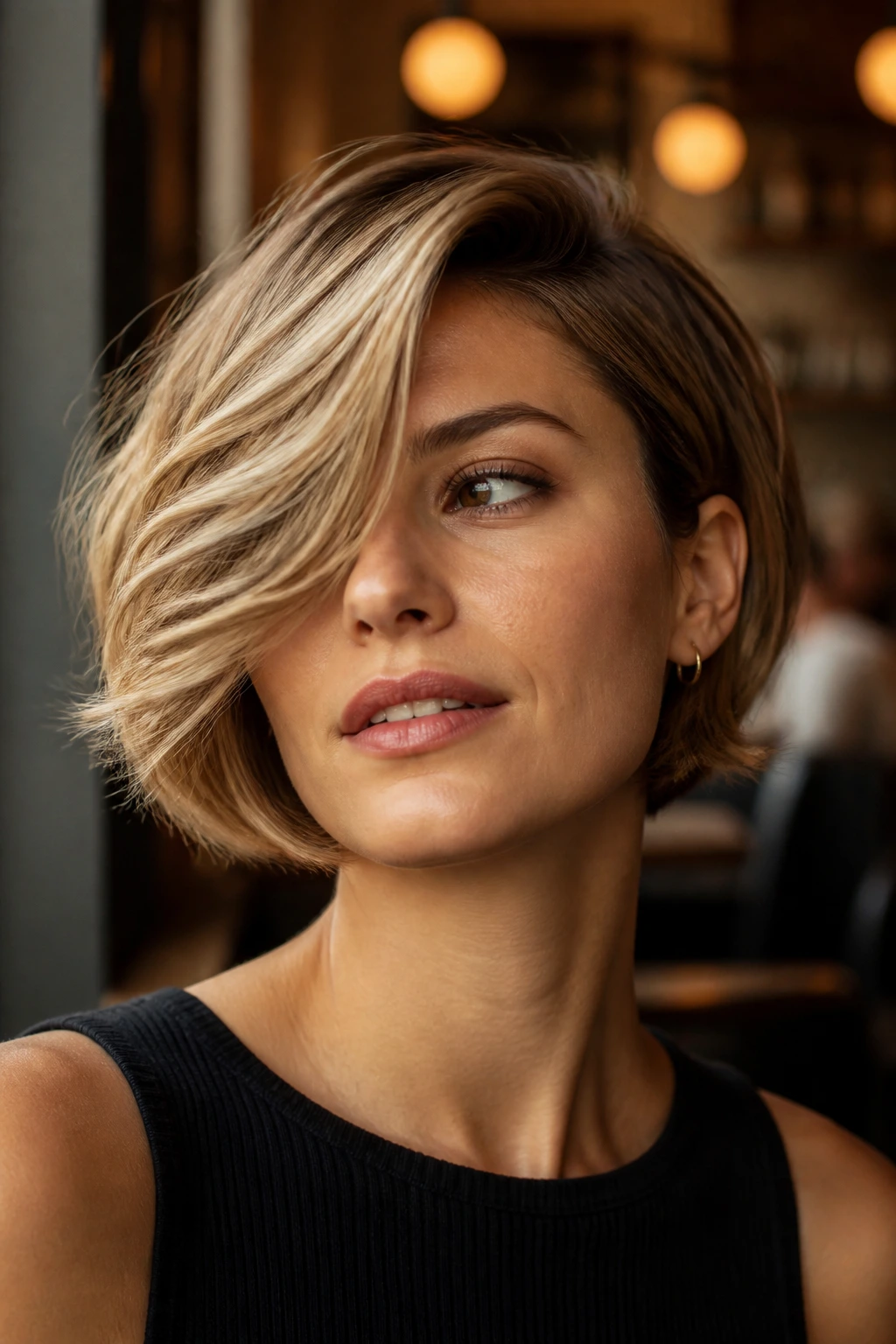 Portrait of a real woman with a deep side-swept micro bob