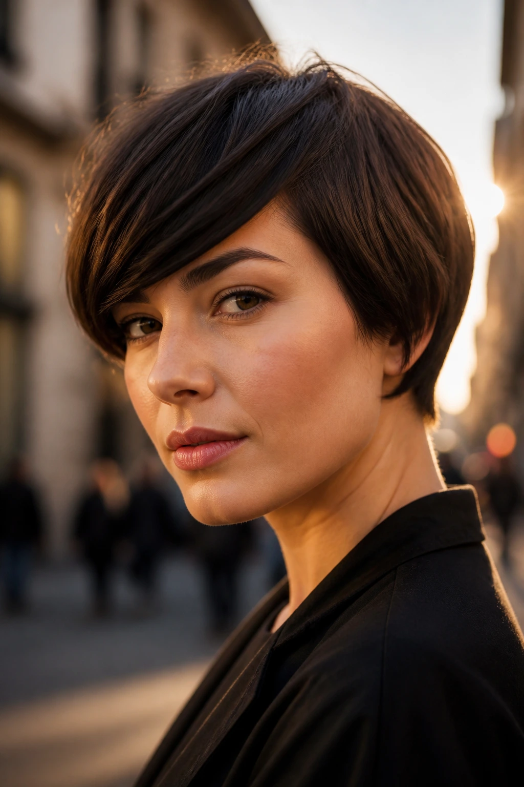 Close-up of real woman with micro bob and diagonal side-swept fringe in golden hour street light