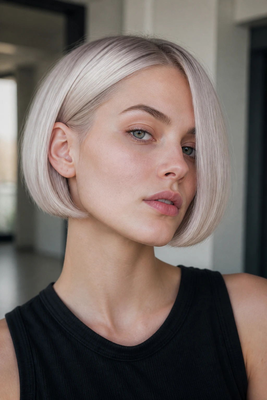 Real person with micro bob and soft under-curve in platinum blonde