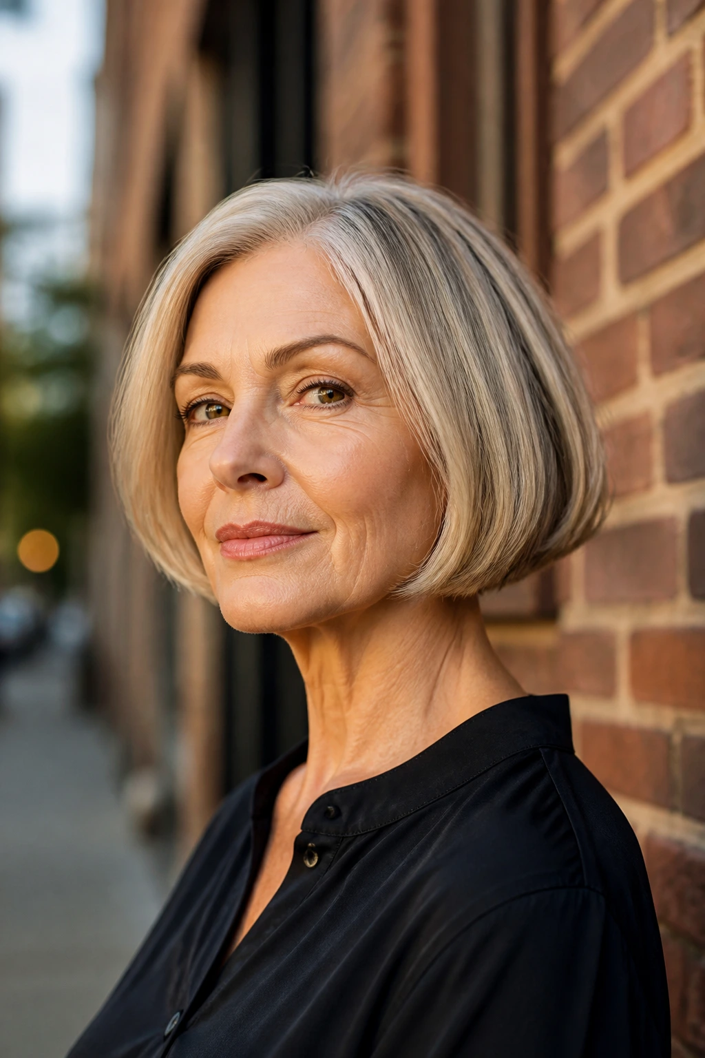 Close-up of a real woman with a micro bob and soft bend at the ends on an urban street