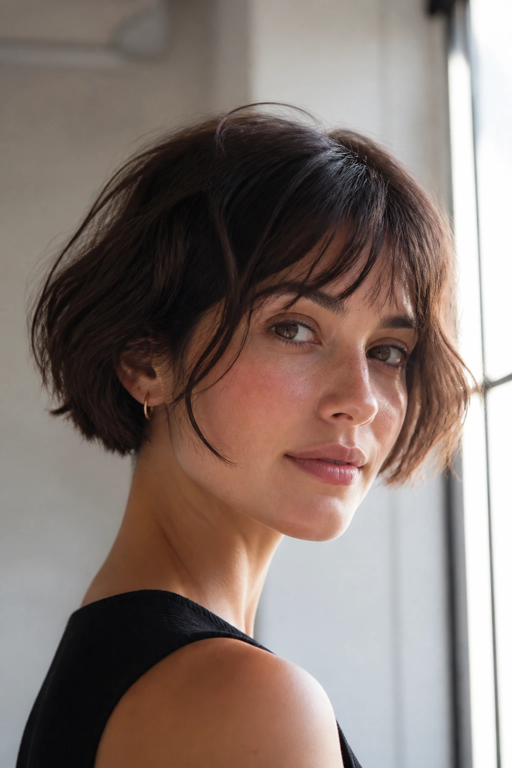 Close-up portrait of a real woman with a micro bob and soft fringe
