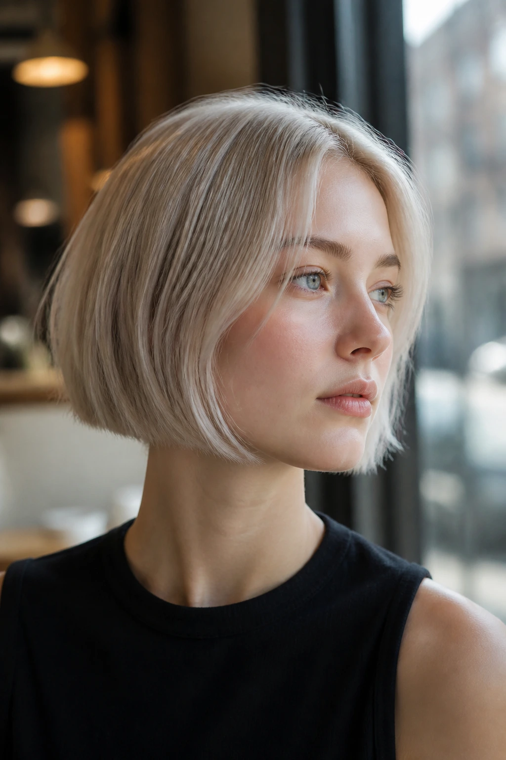 Close-up portrait of a real person with a micro bob and soft texture in steel blonde