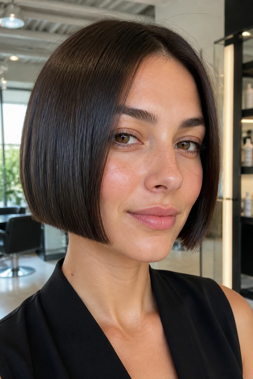 Close-up of a real woman with a jaw-length micro bob and glassy finish.