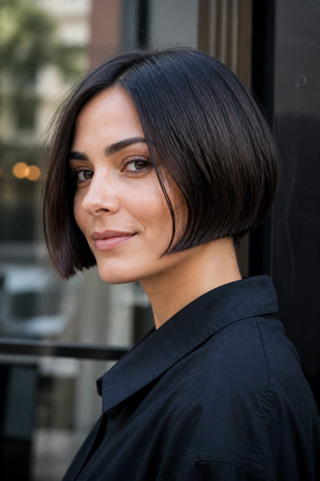Close-up of a real woman with a micro bob at cheekbone length showing dense density.