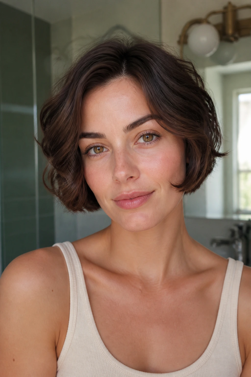 Close-up portrait of real woman with micro bob tucked ends