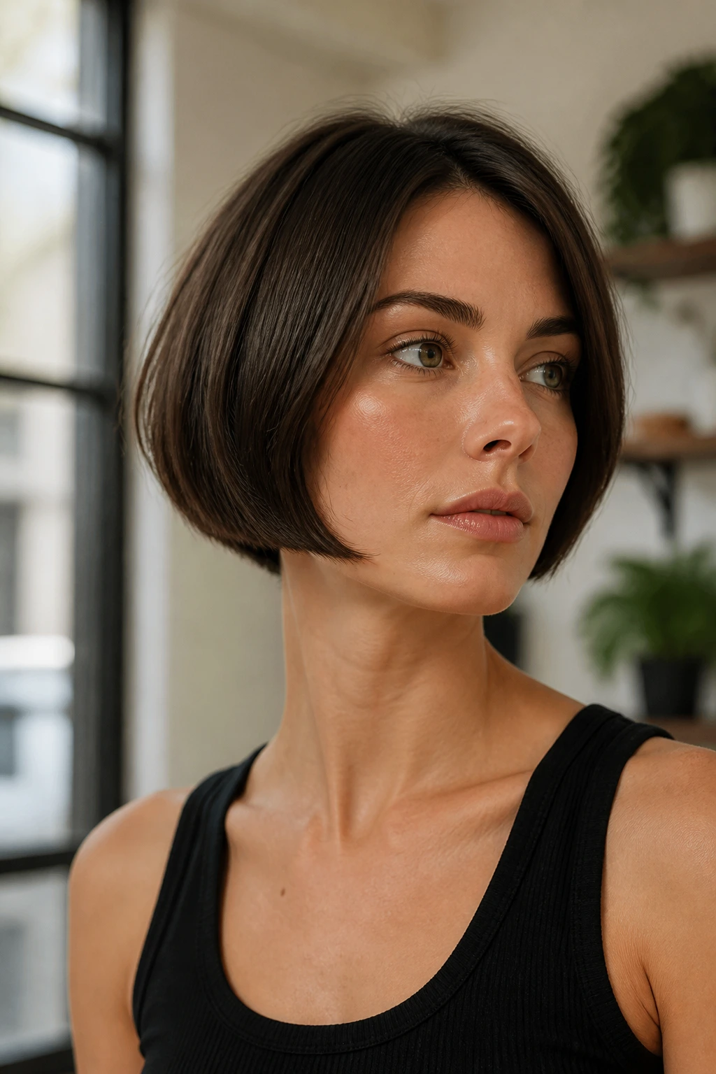Close-up portrait of a real woman with a micro bob under the cheekbones.