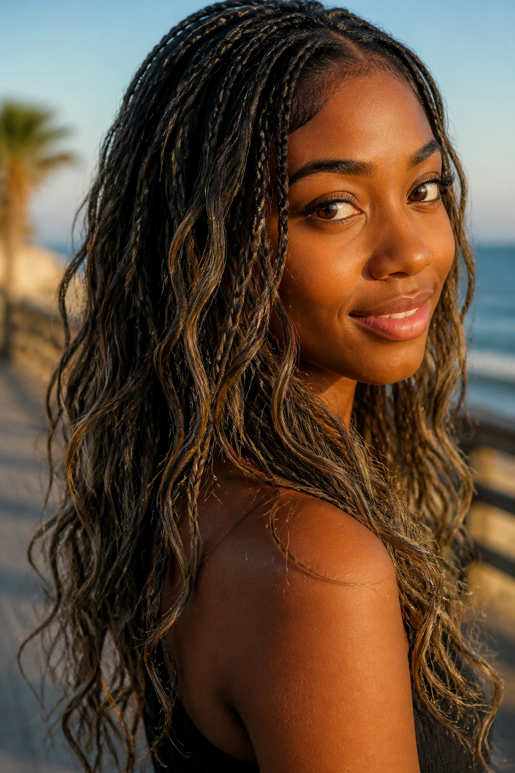 Close-up of micro boho braids with layered waves on a real woman