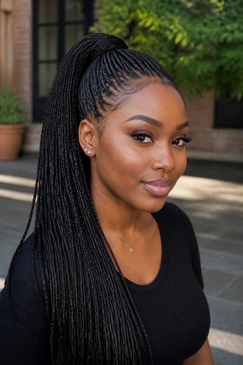 Close-up portrait of a real woman with micro-braids forming a ponytail