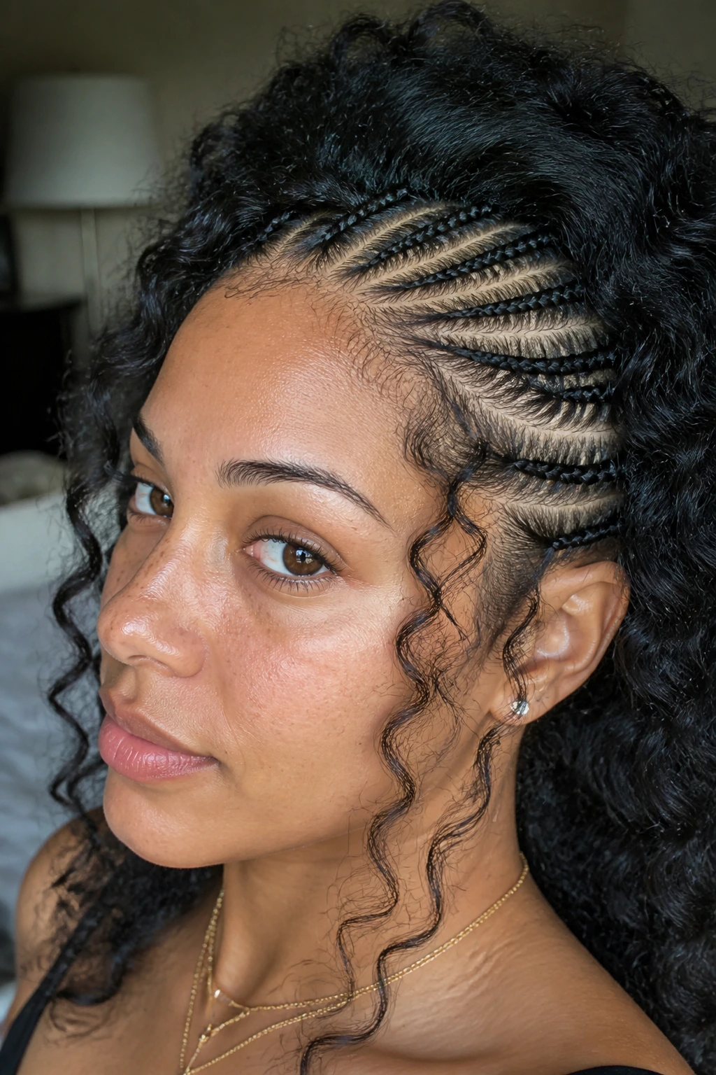 Close-up portrait of a woman with micro braid accent rows along her part in soft bedroom light.