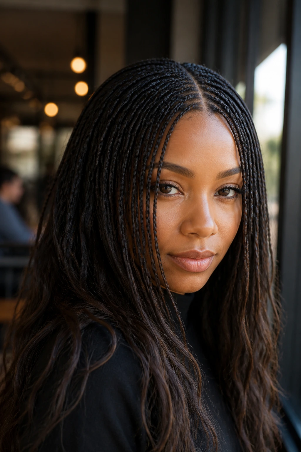 Close-up of micro braids with a center part on a real person
