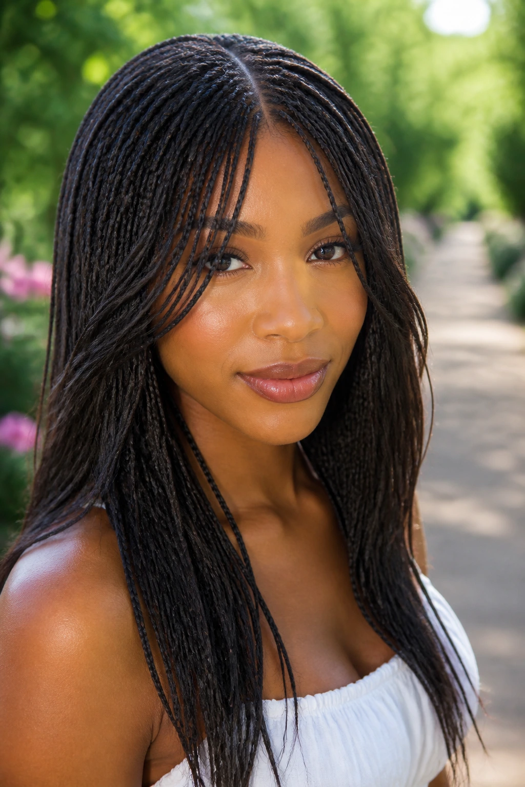 Real person with micro braids and deep center curtain part outdoors