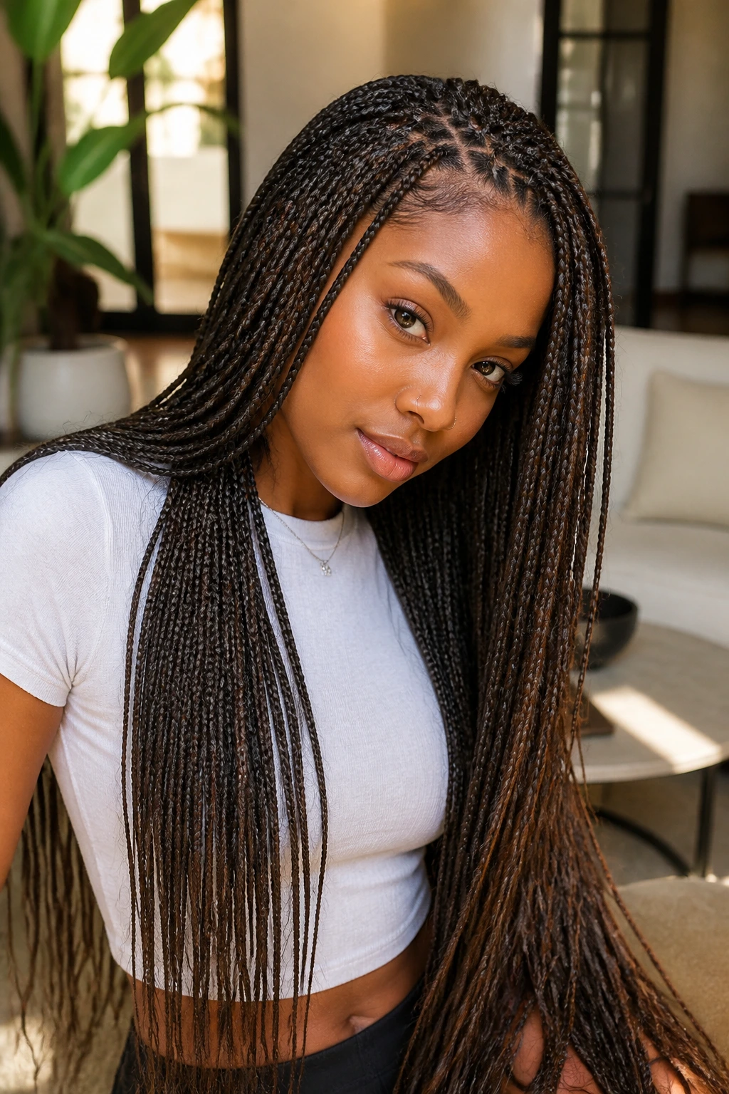 Close-up of a real woman with micro braids and extensions filling the frame