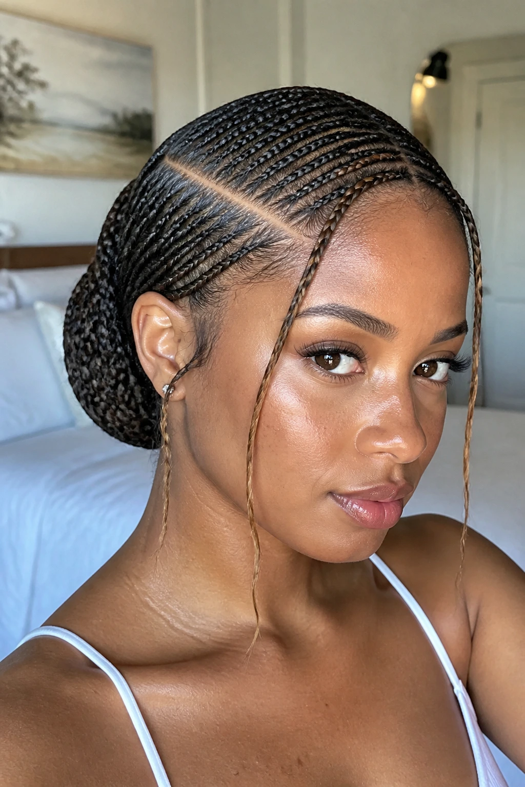 Real woman with micro braid flat bun and razor parts