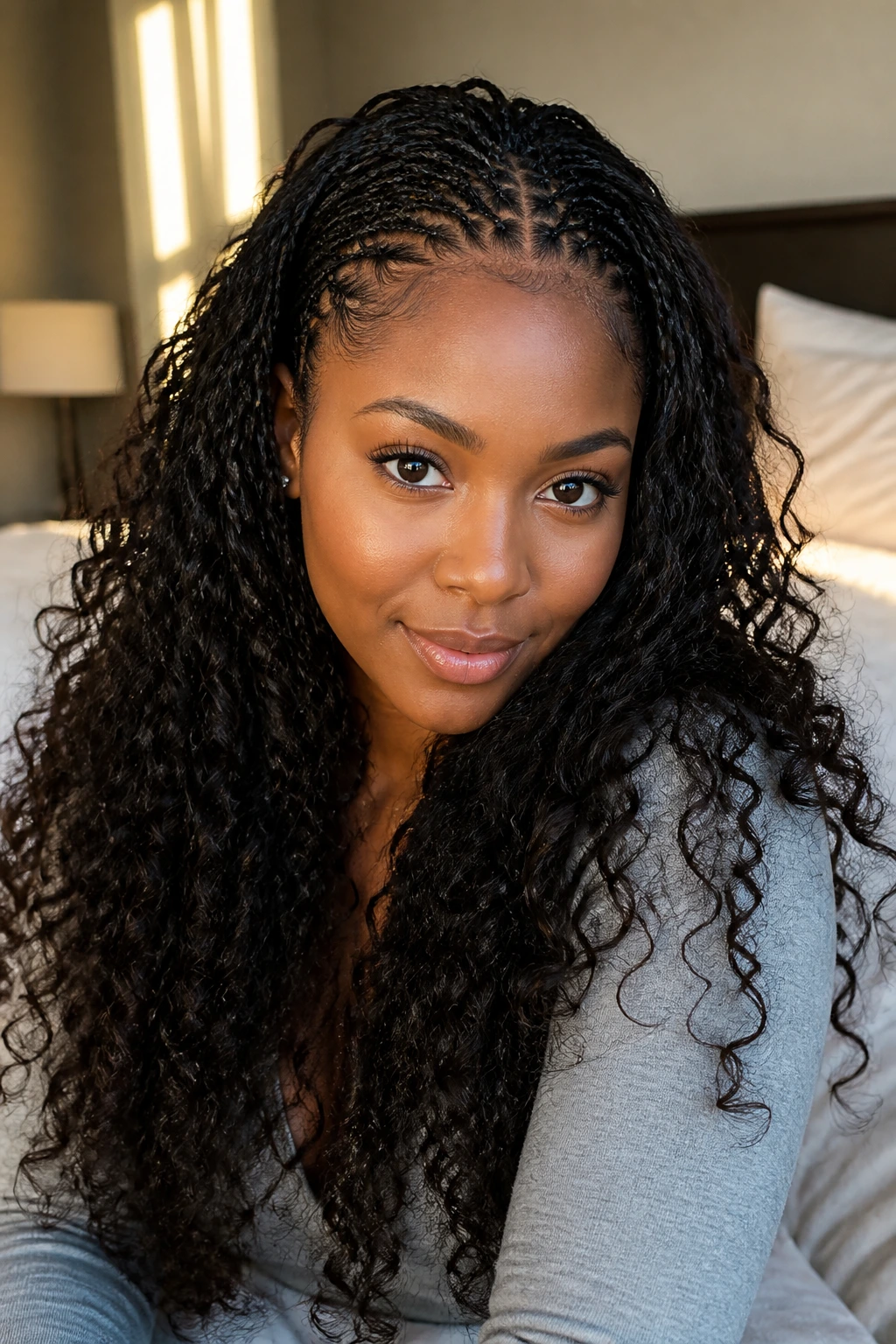 Close-up of micro braids at the front with big curly length on a real woman