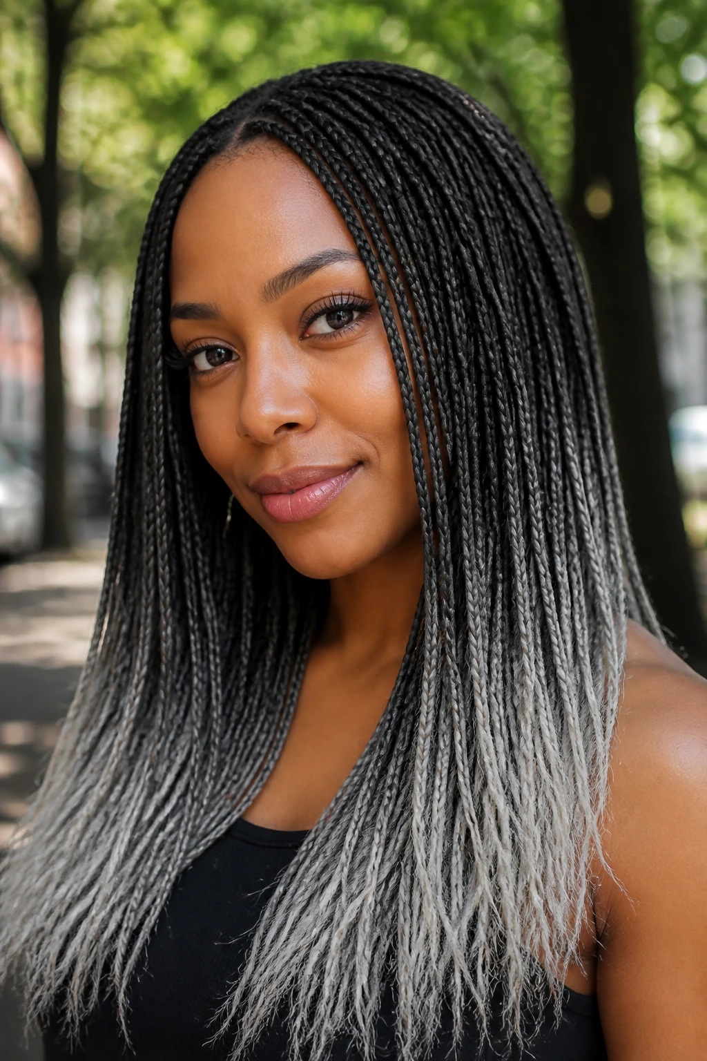 Close up of real woman with micro braids and grey tips on tan skin