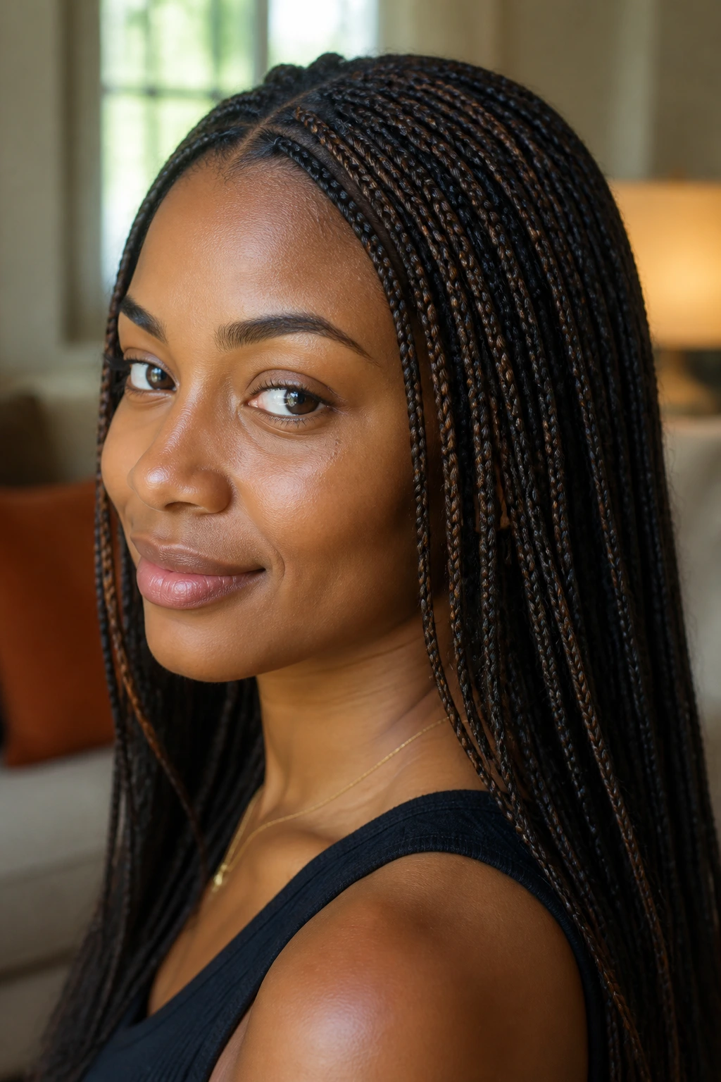 Close-up of a real woman with Micro Braids and Dark Mocha Threads