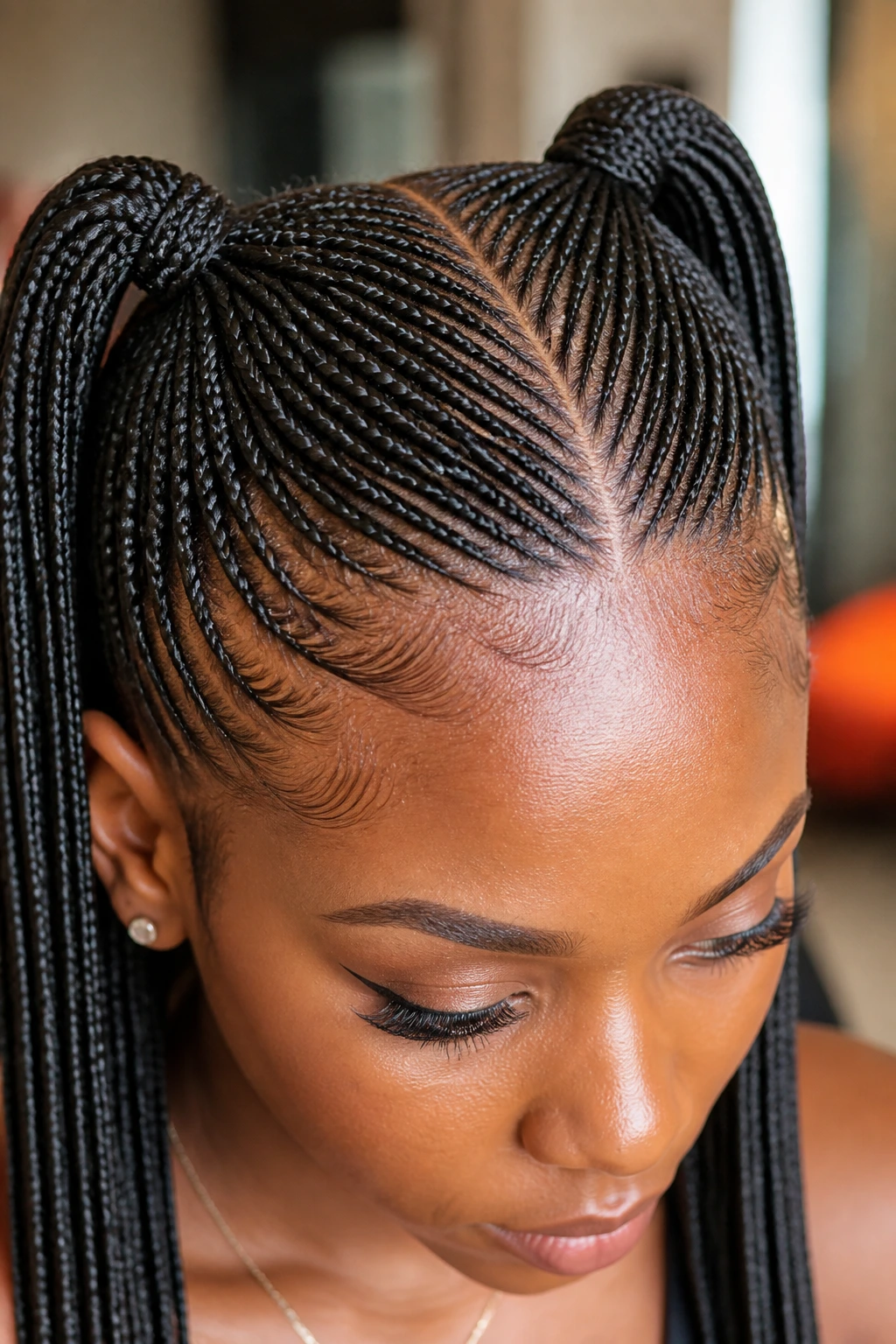 Extreme close-up of tiny micro pigtail braids on a real Black woman