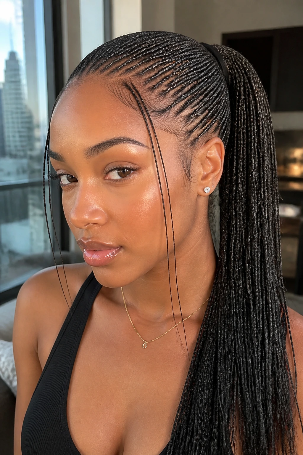 Close-up of a real woman with micro-braids pulled into a sleek ponytail indoors near a window.