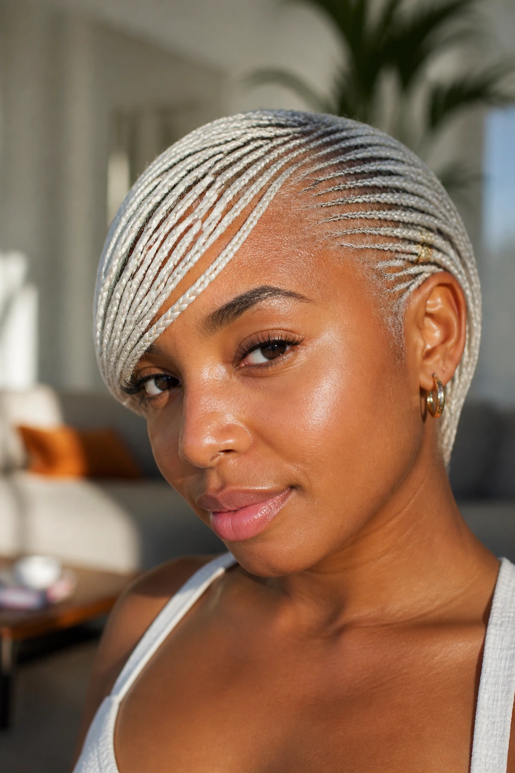 Close-up of a real person with micro braids and a side-tucked bang
