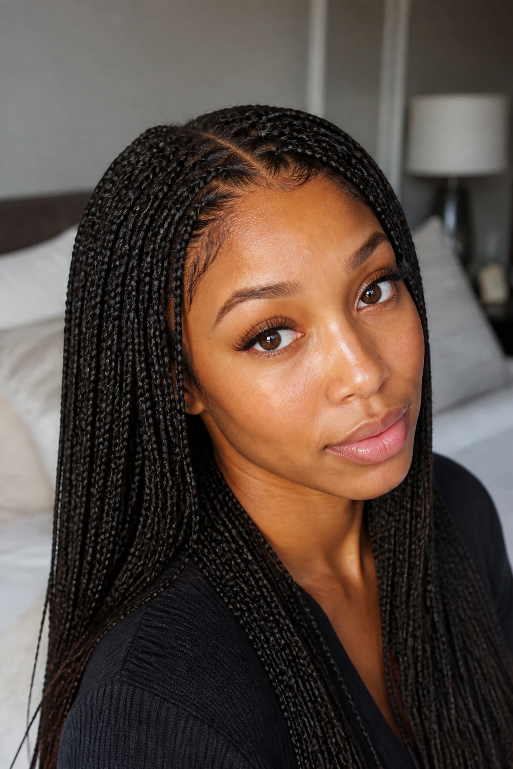 Close-up portrait of a real woman with micro braids on a small-cap wig in natural light