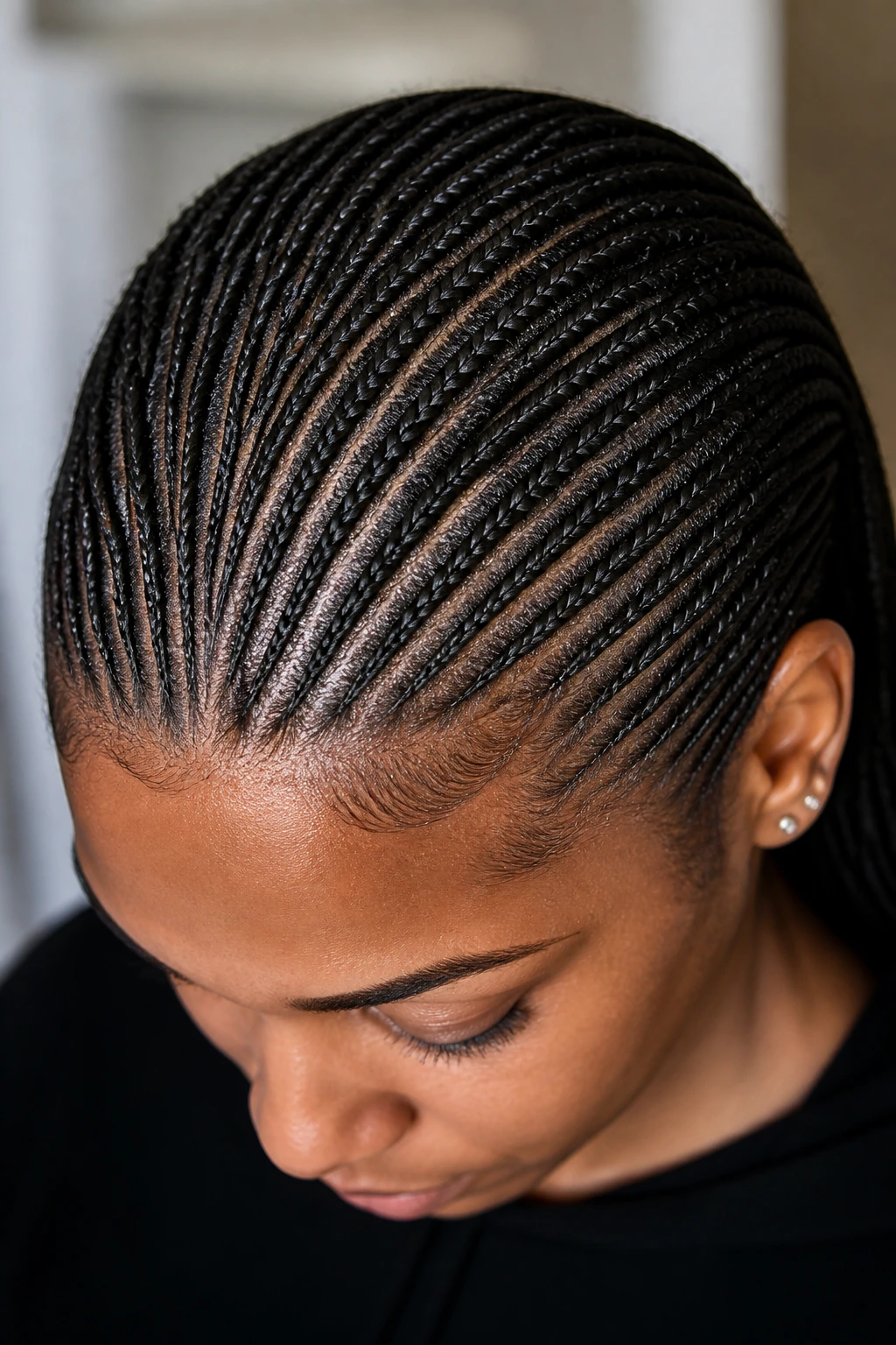 Close-up portrait of a real woman with micro cornrows showing a dense scalp pattern