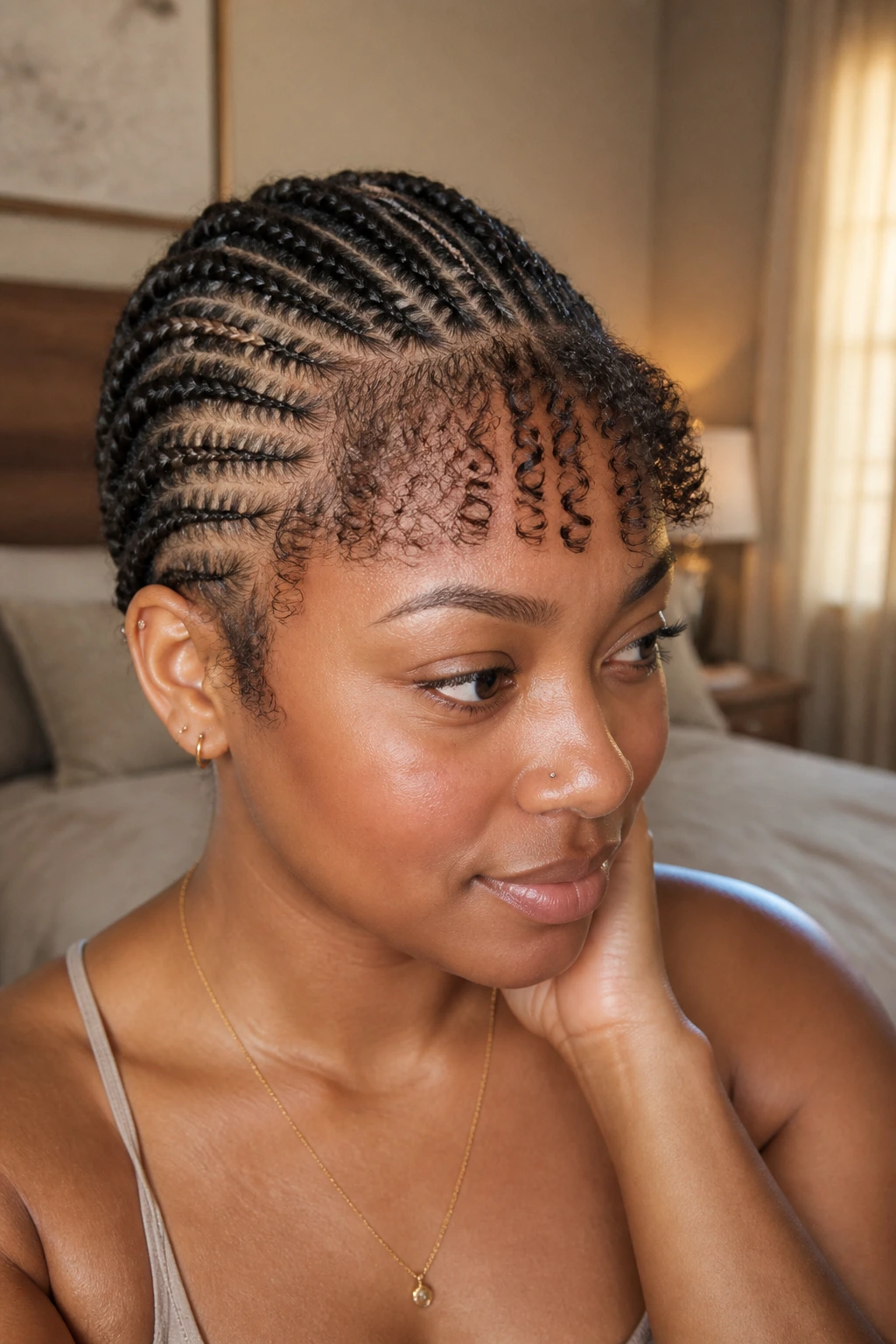 Close-up of a real woman with micro cornrows and a soft curly fringe