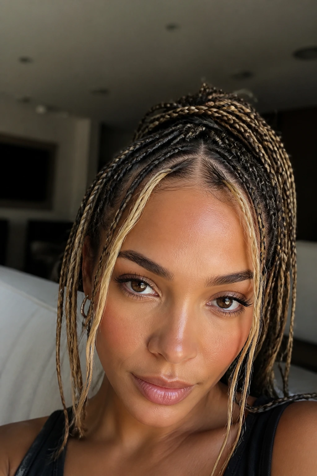 Close-up of Micro Cornrows with Soft Blonde Front Strips on a real person