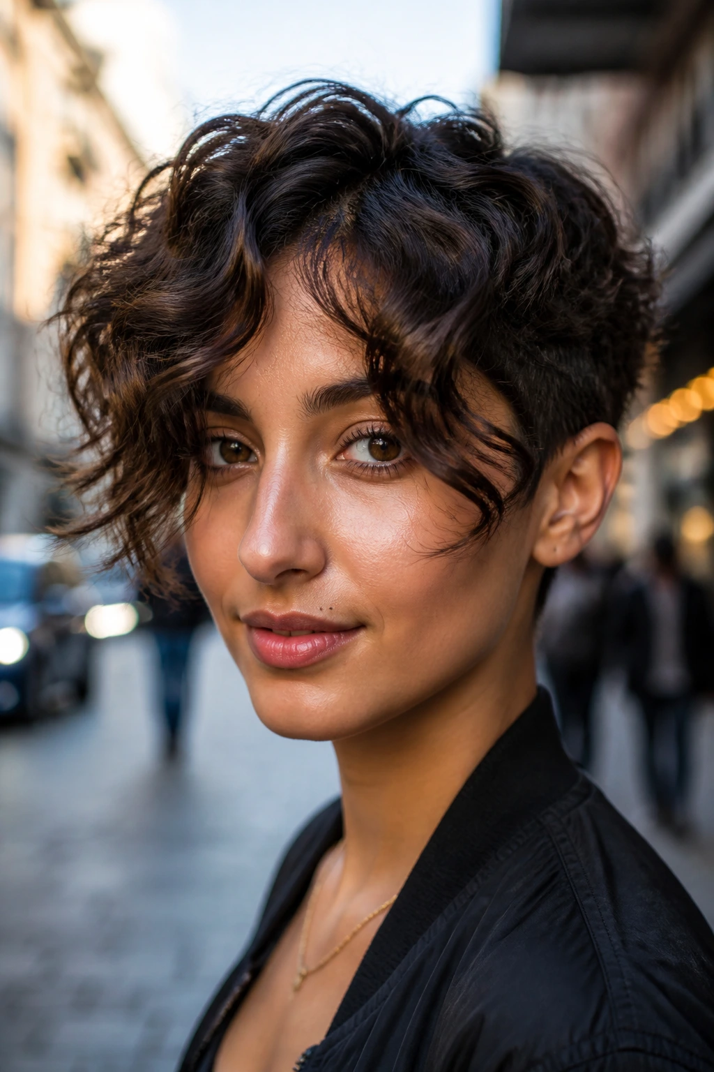 Close-up portrait of a real person with micro-crop and long swinging bangs in an urban setting