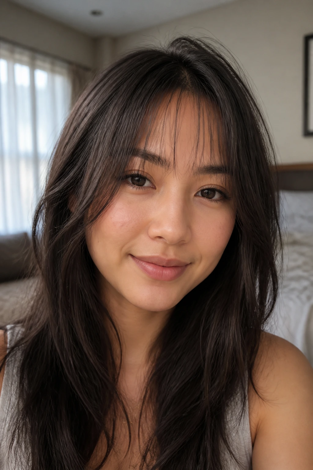 Real woman with light micro-curtain bangs framing forehead