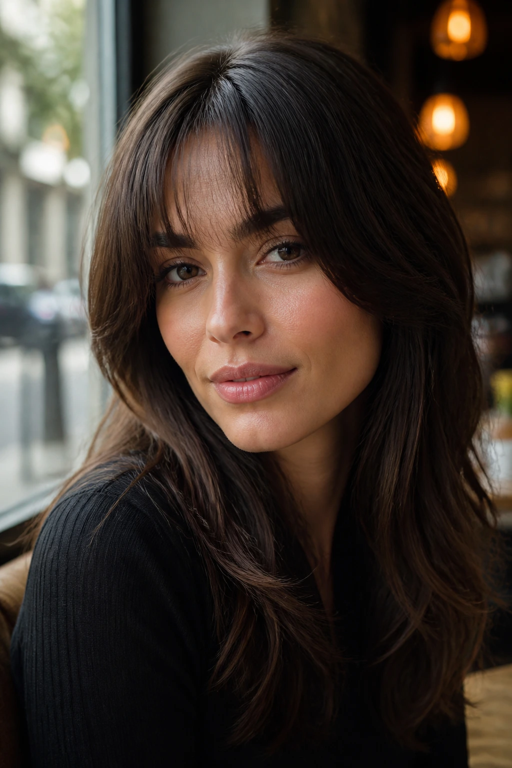 Real person with micro curtain fringe at a cafe