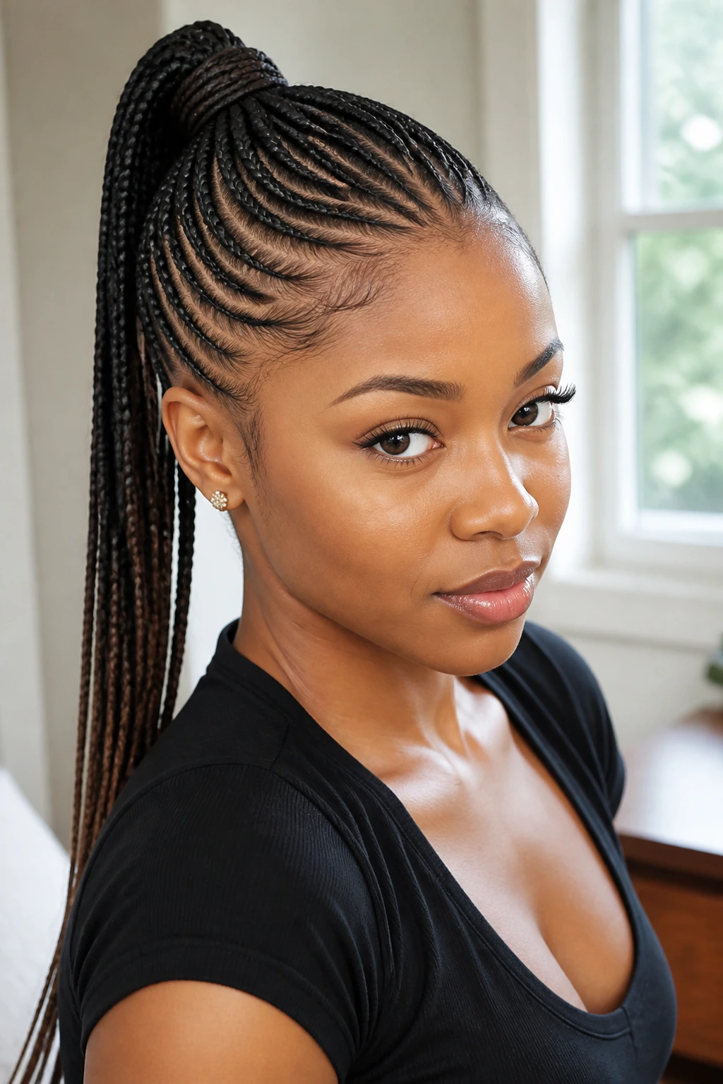 Close-up of micro Dutch braids and long slim ponytail on a real woman