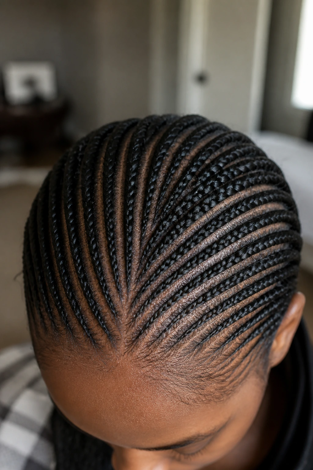 Close-up scalp with micro Dutch braids and tiny parts on a real person.