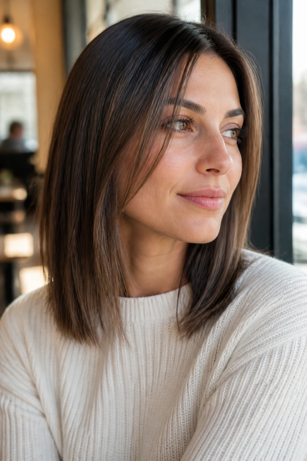 Close-up of a real woman with micro face-framing pieces adding length to the look.