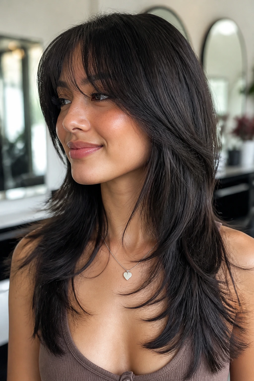 Close-up portrait of a real woman with micro-feathered ends shag and soft perimeter around the face