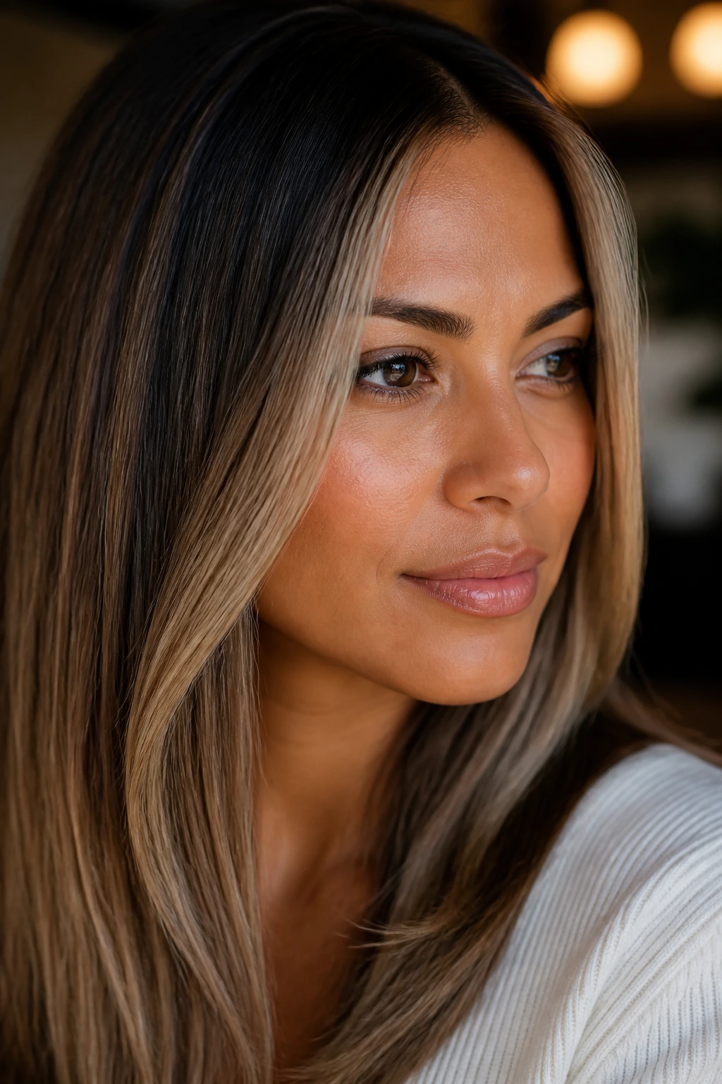 Close-up of a real woman with micro-foil face-framing highlights.