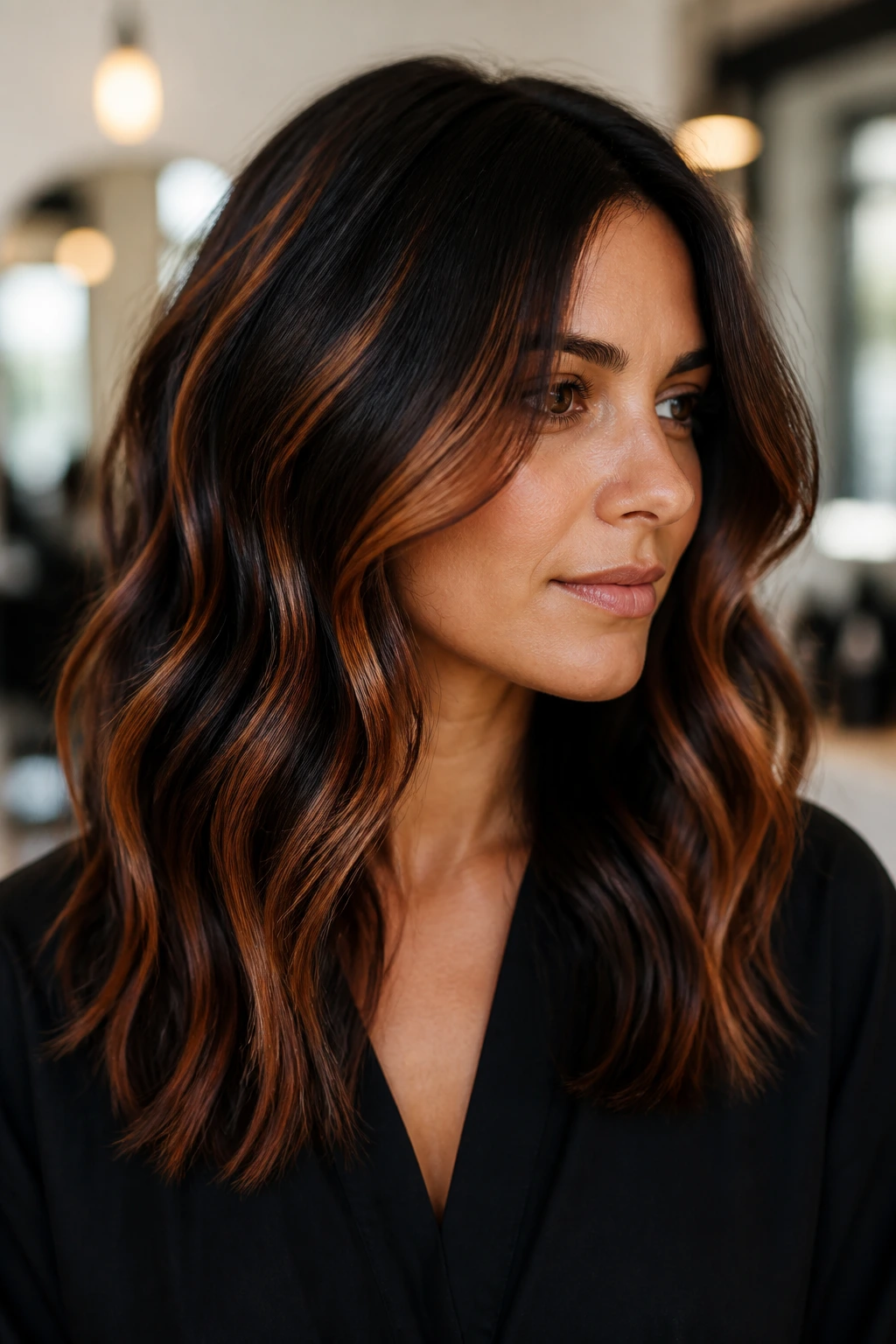 Close-up of dark-haired person with copper micro-foil threads in soft waves.
